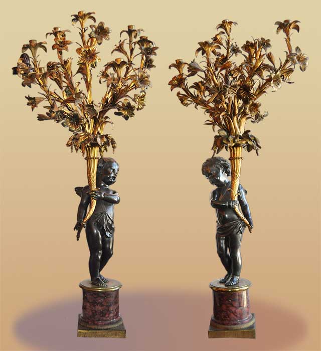 Pair of Large Bronze Candelabras, with Cherubs