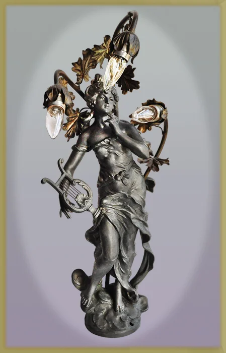 Three-Light Newel Post, Lady with Lyre - Wooden Nickel Antiques