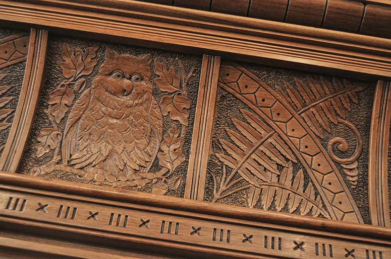 Deeply Carved Full Walnut Mantel, with Owls