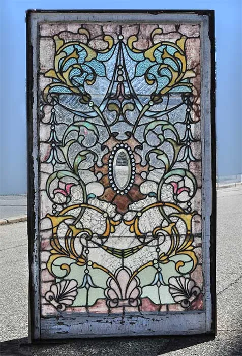 Large Jeweled Window, w/ Crackle-Glass - Wooden Nickel Antiques