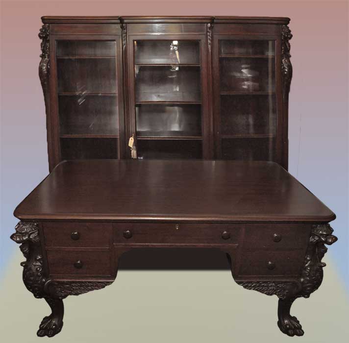 matching bookcase and partners desk, with lion heads