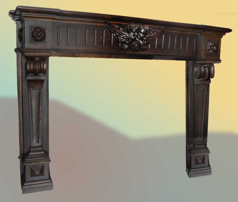 extra-large carved oak half mantel with cherubs