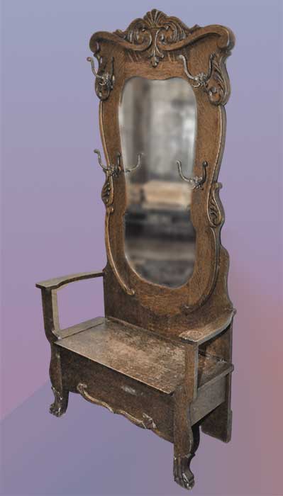 shaped oak hall tree with mirror