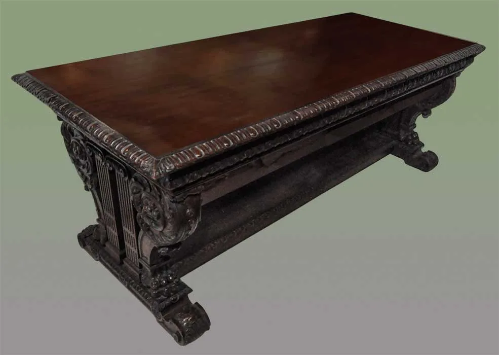 Deeply Carved Walnut Library Table