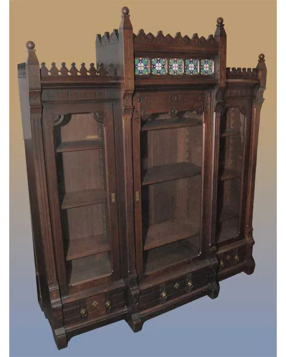 3-door carved walnut bookcase with tiles