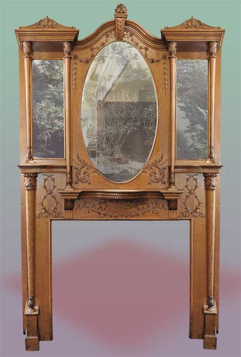 carved oak full mantel with mirrors