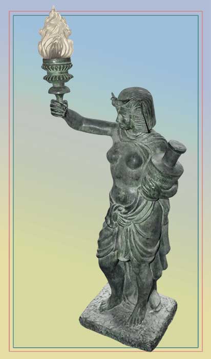 sculpted bronze Egyptian torchiere with glass flame shade