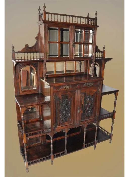 deeply carved étagère with mirrors, relief and railings