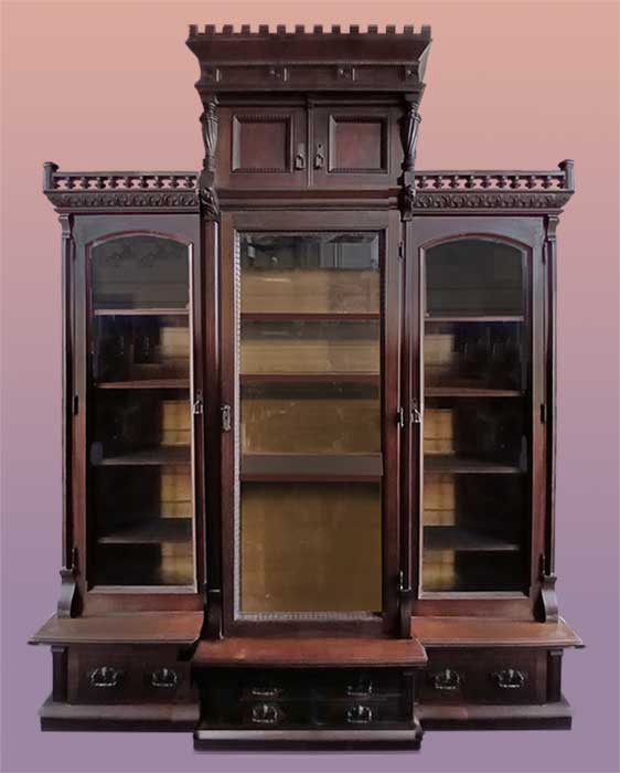three-door bookcase with glass doors