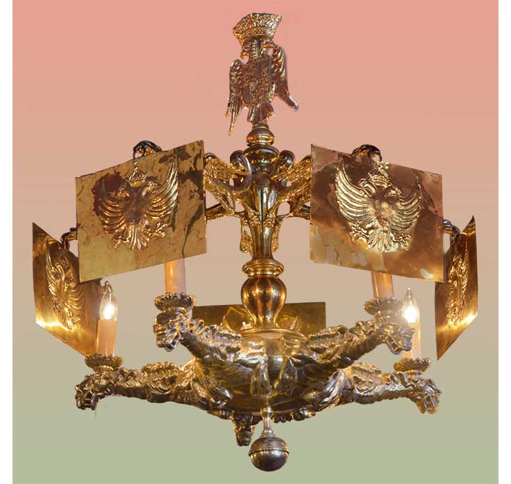 highly detailed, two-level brass chandelier